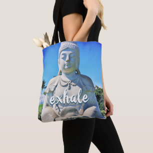 “Exhale” quote Hawaii white Buddha photo tote bag