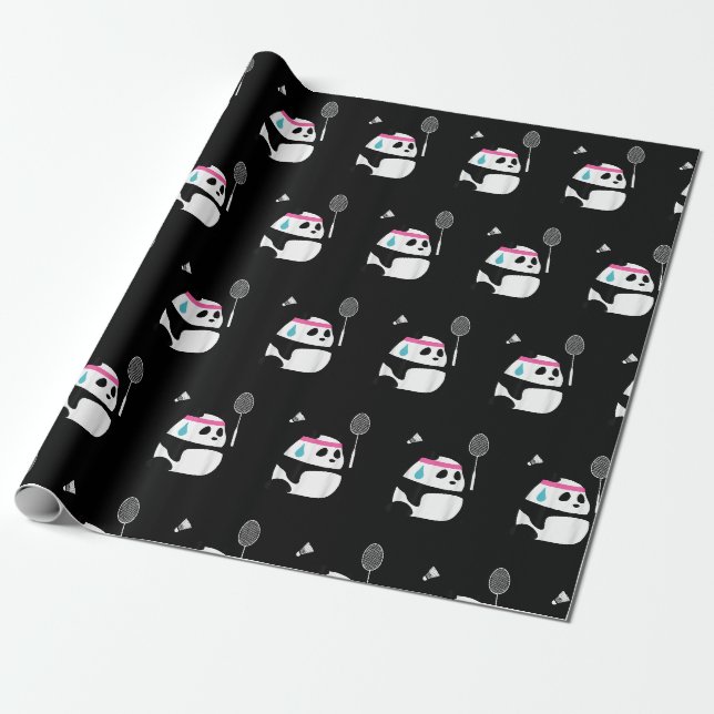 Exhausted badminton panda funny cute wrapping paper (Unrolled)