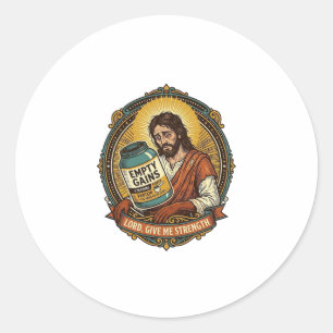 Exhausted Jesus Empty Protein Powder Tub Gym Humou Classic Round Sticker