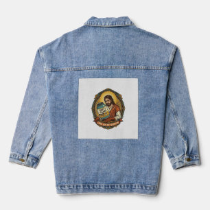 Exhausted Jesus Empty Protein Powder Tub Gym Humou Denim Jacket