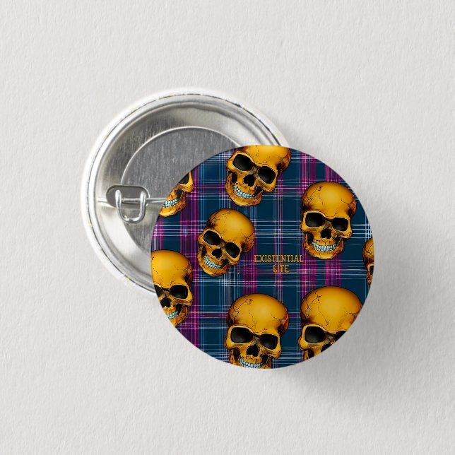 EXISTENTIAL LITE Skulls On Tartan 1a Pin Button (Front & Back)