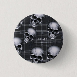 EXISTENTIAL LITE Skulls on Tartan Pin Button Badge
