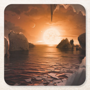 Exoplanet Trappist-1f From Its Icy Night Side. Square Paper Coaster