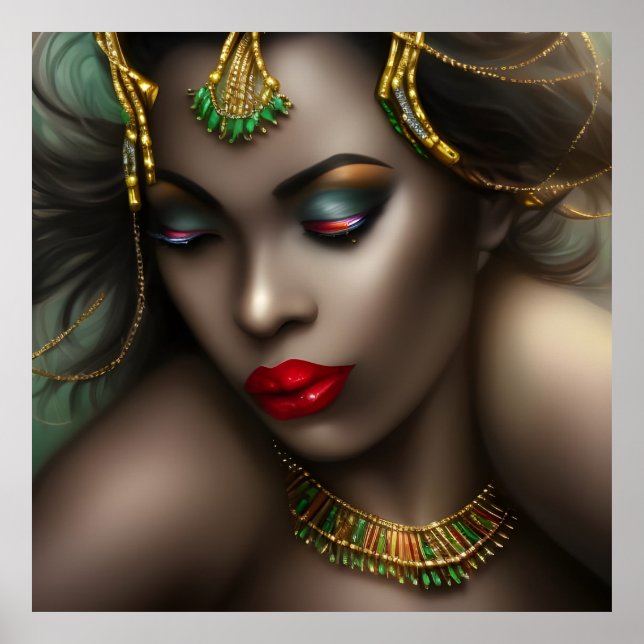 Exotic African Beautiful woman red lips gold green Poster (Front)