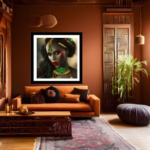 Exotic African Glamourous woman red lips green gol Poster