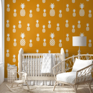Exotic Amber Yellow White Pineapple Pattern Wallpaper
