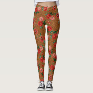 Exotic Animal Leopard Print Luscious Red Flowers Leggings