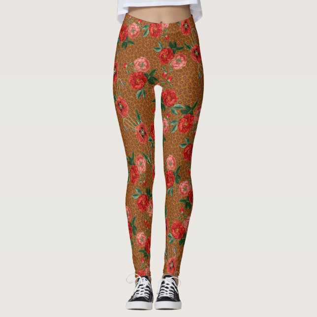 Exotic Animal Leopard Print Luscious Red Flowers Leggings (Front)