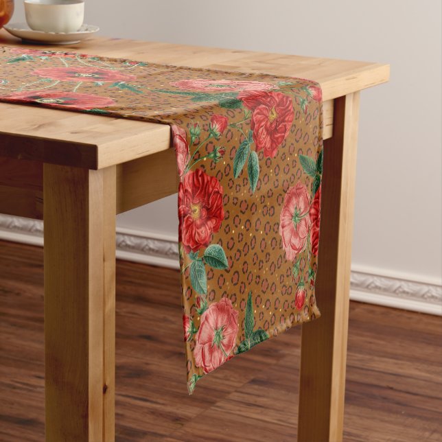 Exotic Animal Leopard Print Luscious Red Flowers Short Table Runner (In Situ)
