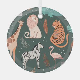 Exotic Animals: Dark Tropical Kids' Pattern. Glass Tree Decoration