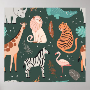 Exotic Animals: Dark Tropical Kids' Pattern. Poster