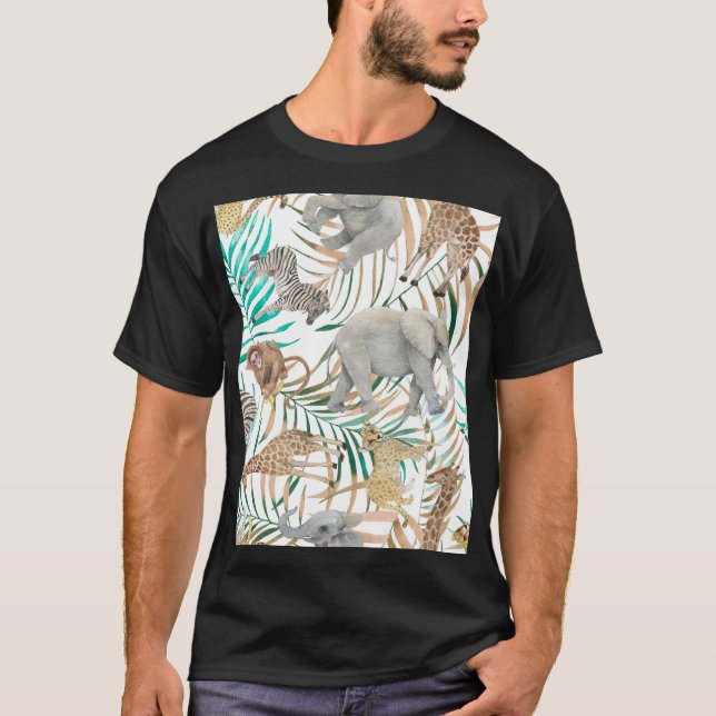 Exotic Animals: Watercolor Summer Pattern. T-Shirt (Front)