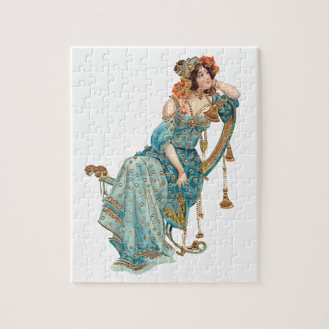 Exotic Art Nouveau Beauty in Teal Robes Jigsaw Puzzle (Vertical)