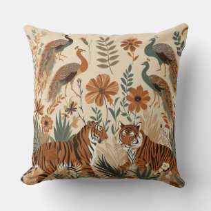 exotic art of tigers and bohemian floral turkeys cushion