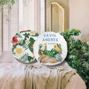 Exotic Baby Parrots Tropical Wild One Birthday Round Cushion