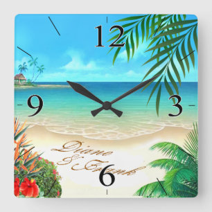 Exotic Beach ASK ME TO DRAW YOUR NAMES IN SAND Square Wall Clock