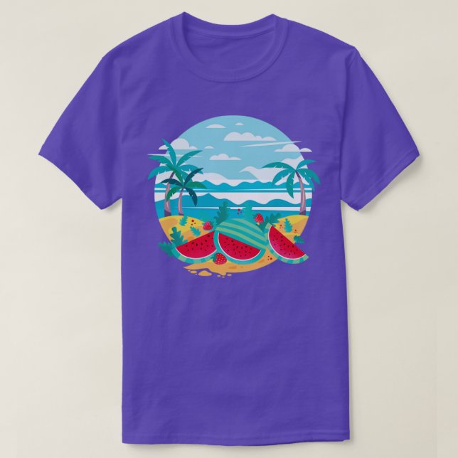 Exotic Beach Ocean Palm Trees Melon Fruit Watermel T-Shirt (Design Front)