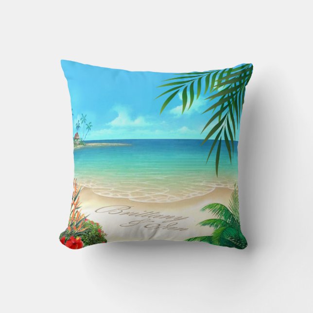 Exotic Beach Tropical ask me to add names in sand Cushion (Front)