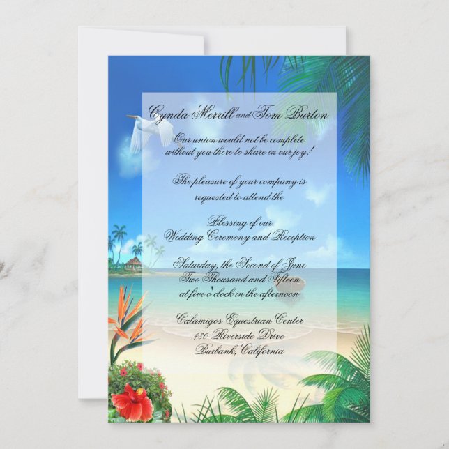 Exotic Beach Wedding "Faux Vellum" Invitation (Front)