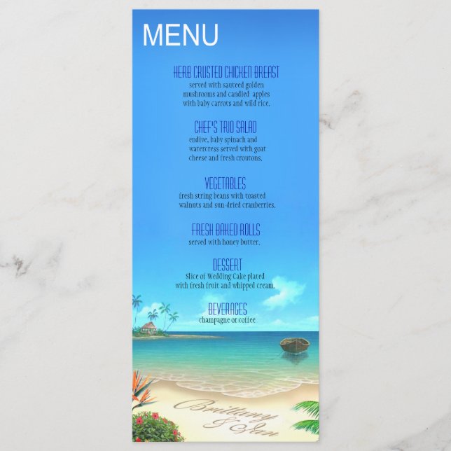 Exotic Beach Wedding Menu ask about names in sand (Front)