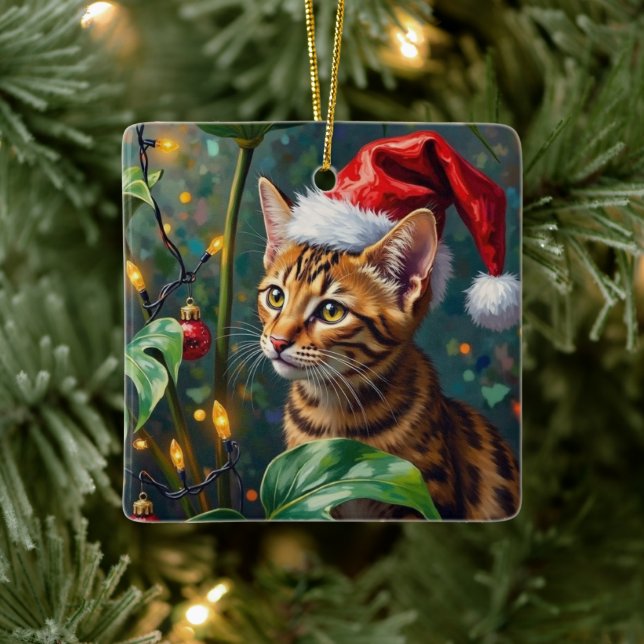 Exotic Bengal Cat Jungle Christmas Playtime Art Ceramic Ornament (Tree)