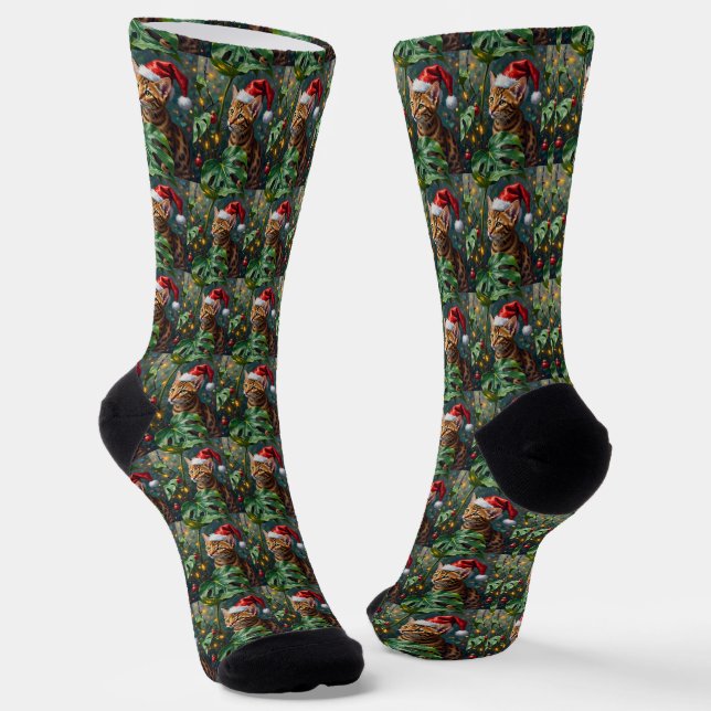 Exotic Bengal Cat Jungle Christmas Playtime Art Socks (Angled)