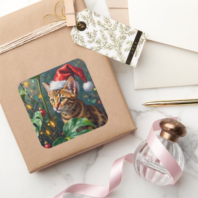 Exotic Bengal Cat Jungle Christmas Playtime Art Square Sticker (Gifting)