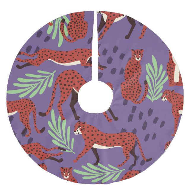 Exotic big cats, tropical plants pattern. brushed polyester tree skirt (Front)