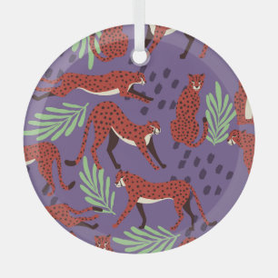 Exotic big cats, tropical plants pattern. glass tree decoration