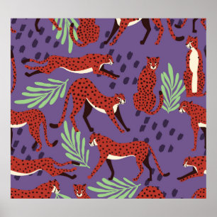 Exotic big cats, tropical plants pattern. poster