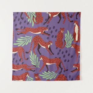 Exotic big cats, tropical plants pattern. tapestry