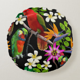 exotic birds and beautiful flowers round cushion
