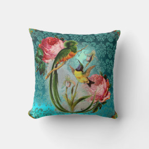 EXOTIC BIRDS AND PINK ROSES AQUA BLUE,TEAL DAMASK CUSHION