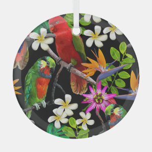 Exotic Birds Beautiful Flowers Pattern Glass Tree Decoration