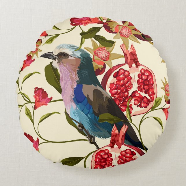 Exotic birds, flowers, pomegranate. round cushion (Front)
