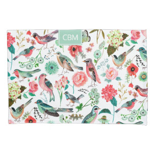 Exotic birds Jungle Floral Pattern with Monogram   Pillowcase