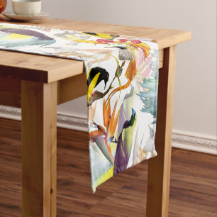 Exotic Birds of Paradise and Flowers Watercolor Short Table Runner