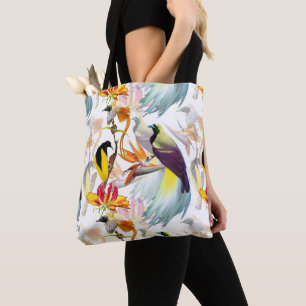 Exotic Birds of Paradise and Flowers Watercolor Tote Bag