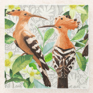 Exotic Birds On Lace Glass Coaster