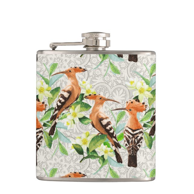 Exotic Birds On Lace Hip Flask (Front)