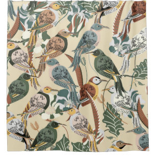 Exotic Birds: Tropical Seamless Print. Shower Curtain