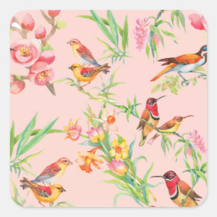 Exotic Birds: Vintage Floral Seamless. Square Sticker