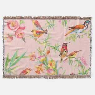 Exotic Birds: Vintage Floral Seamless. Throw Blanket