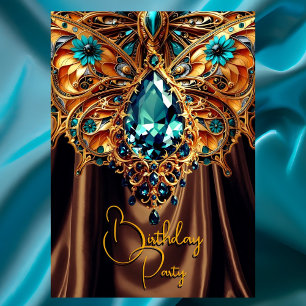 Exotic Birthday Caramel Teal Blue Gold Jewel Invitation