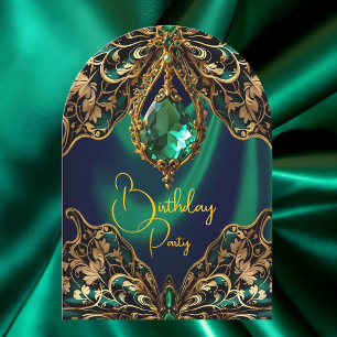 Exotic Birthday Green Gold Jewel Butterfly Invitation