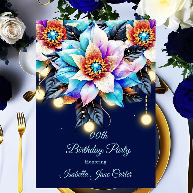 Exotic Birthday Party Teal Pink Blue Purple Floral Invitation (Creator Uploaded)