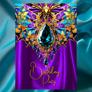 Exotic Birthday Purple teal Blue Gold Jewel Invitation