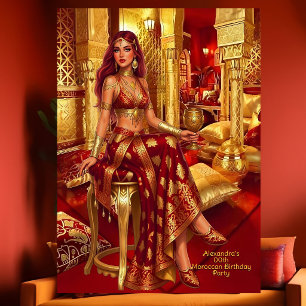 Exotic Birthday Red Gold Moroccan Themed Party Invitation