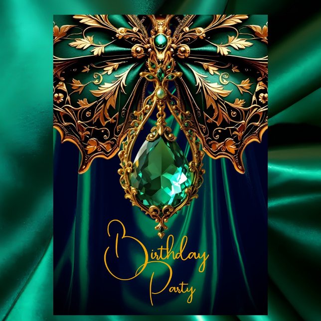 Exotic Birthday Rich Green Gold Jewel Butterfly Invitation (Creator Uploaded)