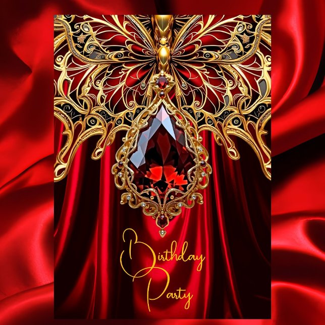 Exotic Birthday Rich red Gold Jewel Butterfly Invitation (Creator Uploaded)